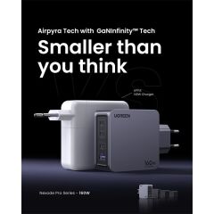 UGREEN Nexode Pro 160W GaN Hızlı Şarj Cihazı 1×USB‑C 140W + 1×USB‑C 100W + 1×USB‑C 30W + 1×USB‑A QC/PD 22.5W Kablolu Gri 25877