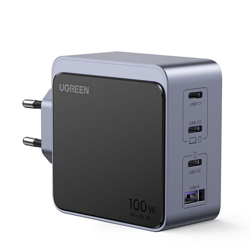 UGREEN Nexode Air 100W GaN Hızlı Şarj Cihazı 3×USB‑C + 1×USB‑A QC/PD Portlu Gri 35043