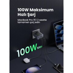 UGREEN Nexode Air 100W GaN Hızlı Şarj Cihazı 3×USB‑C + 1×USB‑A QC/PD Portlu Gri 35043