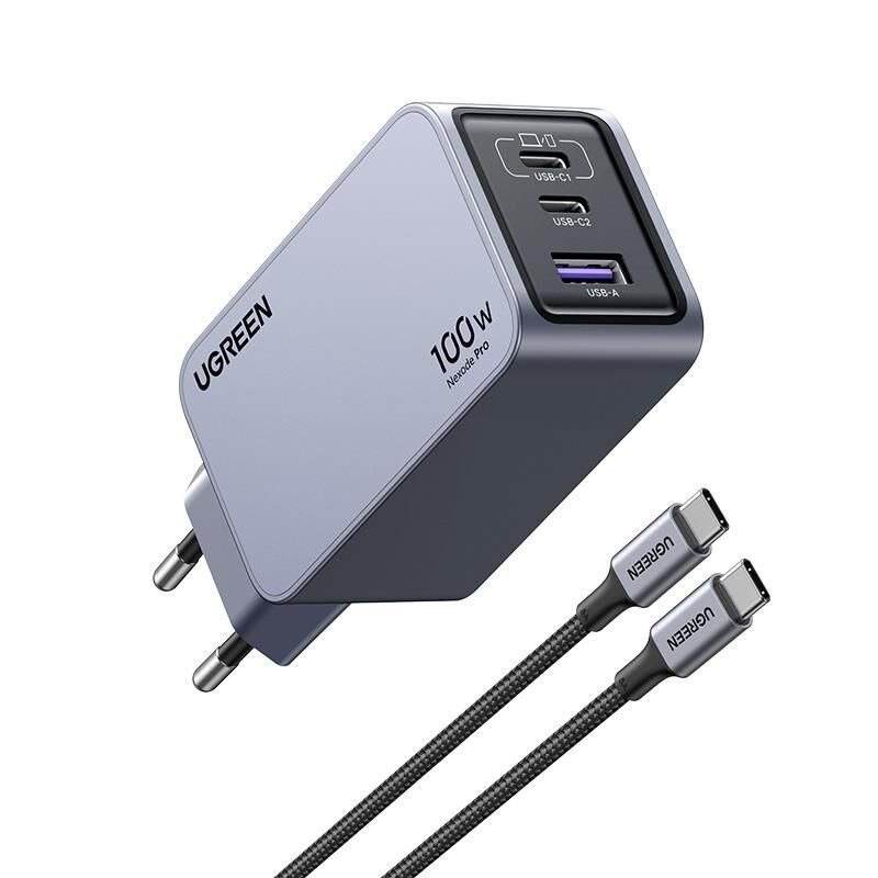 UGREEN Nexode Pro 100W GaN 2×USB‑C + 1×USB‑A Hızlı Şarj Cihazı 20V5A USB‑C1, 30W USB‑C2 & 22.5W USB‑A PD3.0 QC4+ PPS Halli, Uzay Gri (Model 25874)