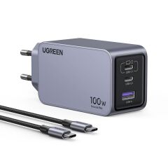 UGREEN Nexode Pro 100W GaN 2×USB‑C + 1×USB‑A Hızlı Şarj Cihazı 20V5A USB‑C1, 30W USB‑C2 & 22.5W USB‑A PD3.0 QC4+ PPS Halli, Uzay Gri (Model 25874)