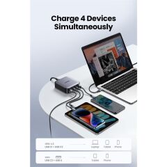 UGREEN Nexode 100W 90928 GaN Teknolojili Masaüstü Hızlı Şarj Cihazı 3xUSB-C + 1xUSB-A PD 3.0 QC 4.0 Destekli Çoklu Portlu Gri