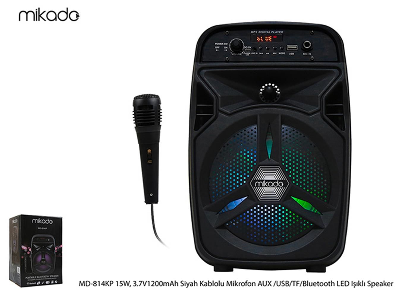 Mikado MD-814KP 15W 3.7V 1200mAh Siyah Kablolu Mikrofonlu AUX-USB-TF-Bluetooth-FM LED Işıklı Anfi