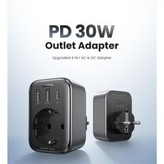 UGREEN 90613 Akım Korumalı Duvar Prizi – 2×USB‑A + 1×USB‑C PD, 30 W Toplam Çıkış Güçlü GaN Hızlı Şarj Cihazı (ABS Siyah, Kısa Devre & Aşırı Akım & Aşırı Voltaj Koruma)