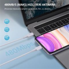 UGREEN 10493 Type-C to Lightning 3A Power Delivery MFi Sertifikalı Hızlı Şarj ve Data Kablosu 1 Metre Beyaz