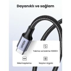 UGREEN USB‑C to USB‑C 3 A 60 W QC/PD Örgülü Hızlı Şarj & Data Kablosu 1 m Siyah (Model US309‑50150) – 480 Mbps, 56 KΩ Güvenlik Dirençli