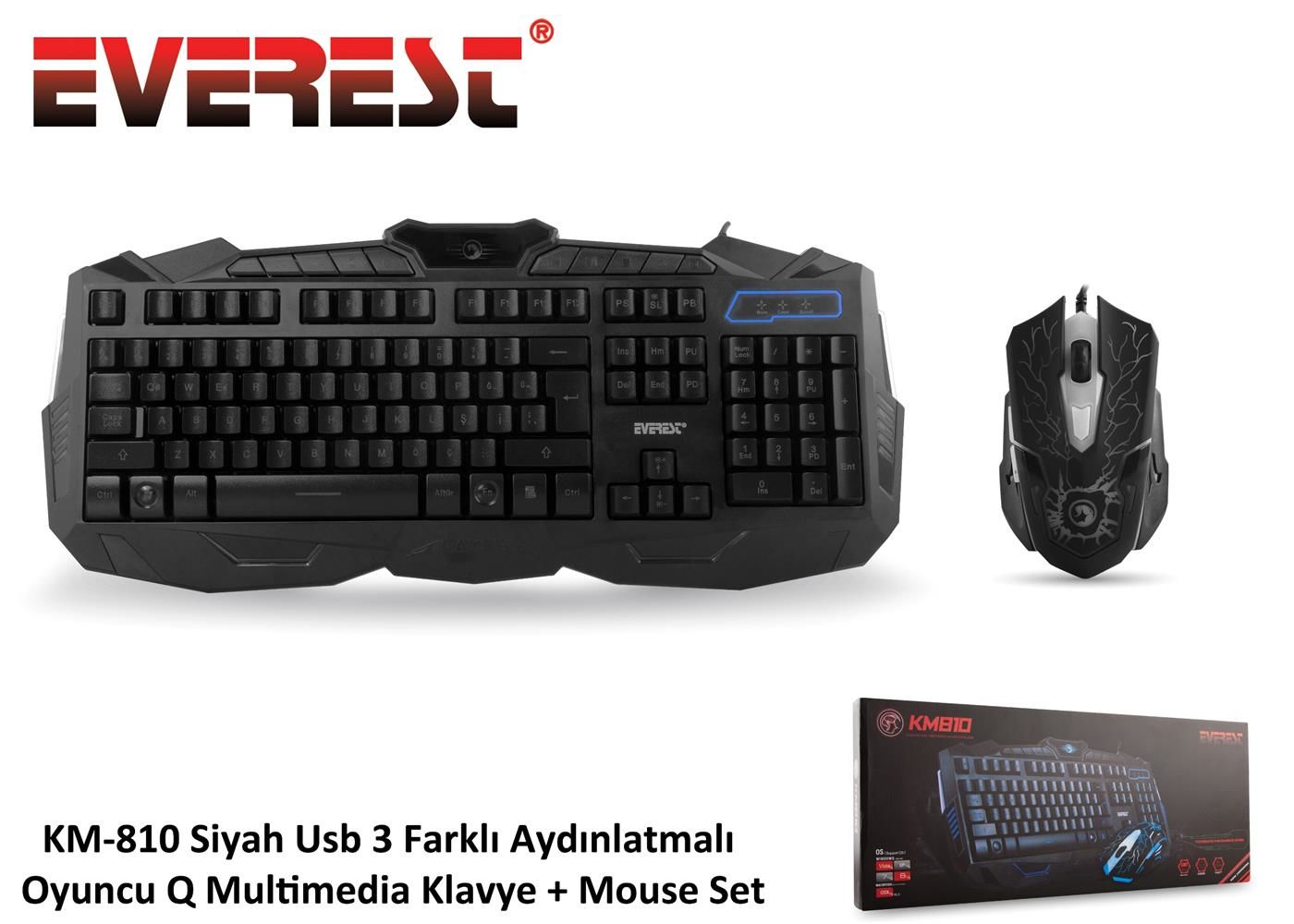 Everest KM-810 Siyah Q USB Kablolu Multimedya Gaming Klavye + Mouse Set (3 Farklı Aydınlatmalı)