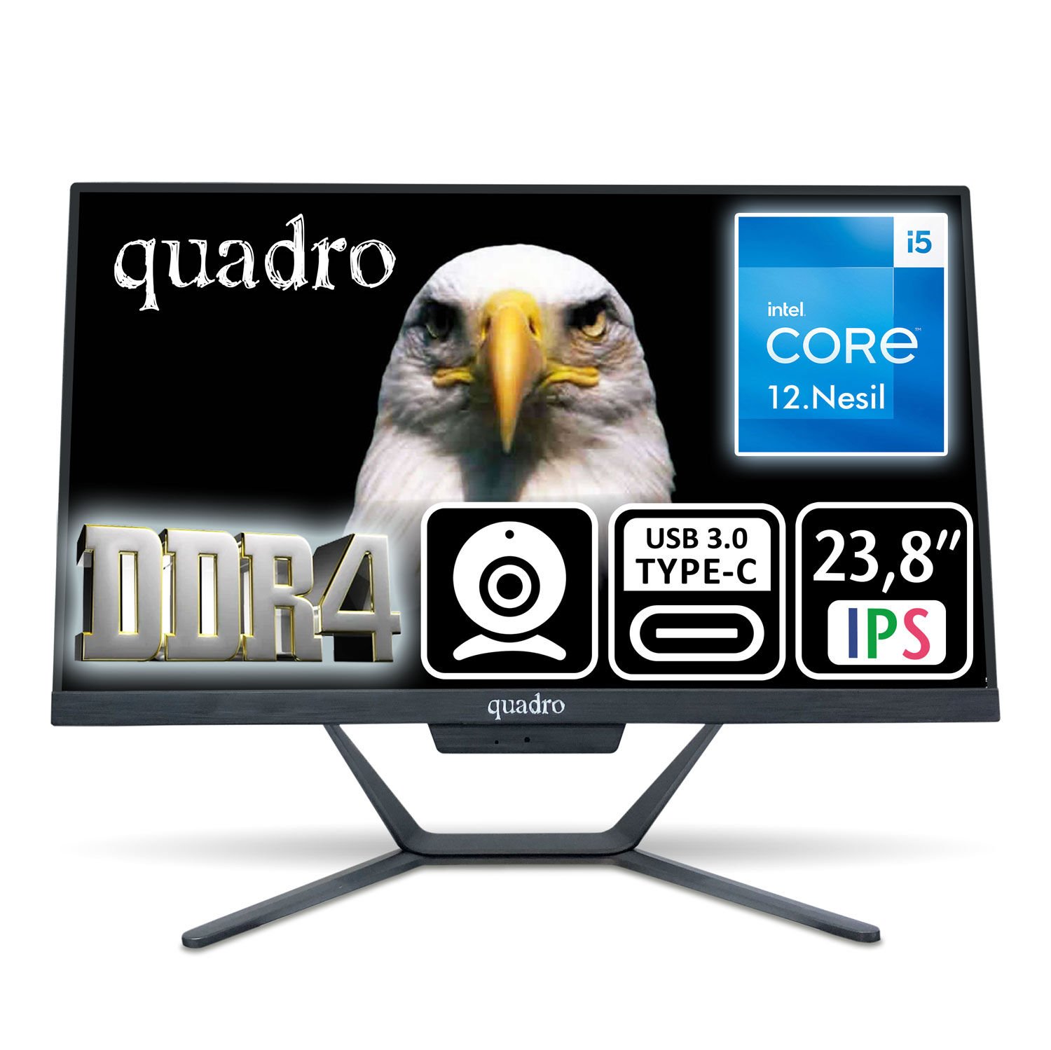 Quadro Stark 23.8 inç IPS Panel Intel Core i5-12450H 16GB RAM 480GB SSD Type-C All-in-One Bilgisayar
