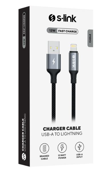 S-link Armor LED UL-012 12W 1 Metre USB-A to Lightning Örgülü LED Başlıklı Hızlı Şarj ve Data Kablosu Siyah