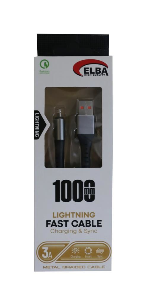 Elba ELB35-IOS 3A Hızlı Şarj Destekli Hasır Örgülü Lightning Şarj ve Veri Kablosu 1m - Siyah/Gümüş