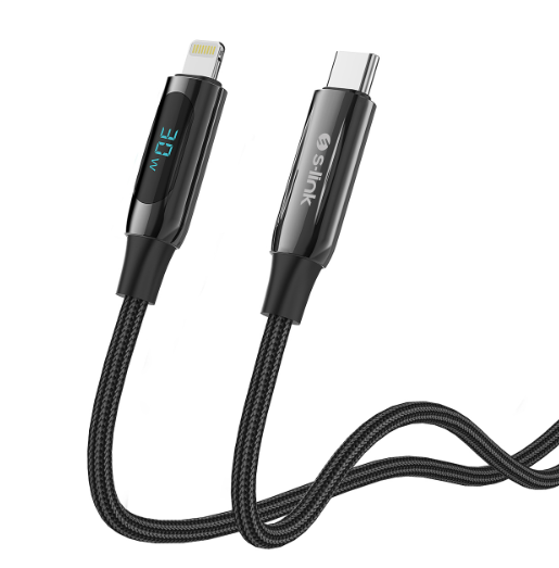 S-link Armor LED CL-030 30W 1 Metre USB Type-C to Lightning PD Örgülü LED Başlıklı Hızlı Şarj ve Data Kablosu Siyah