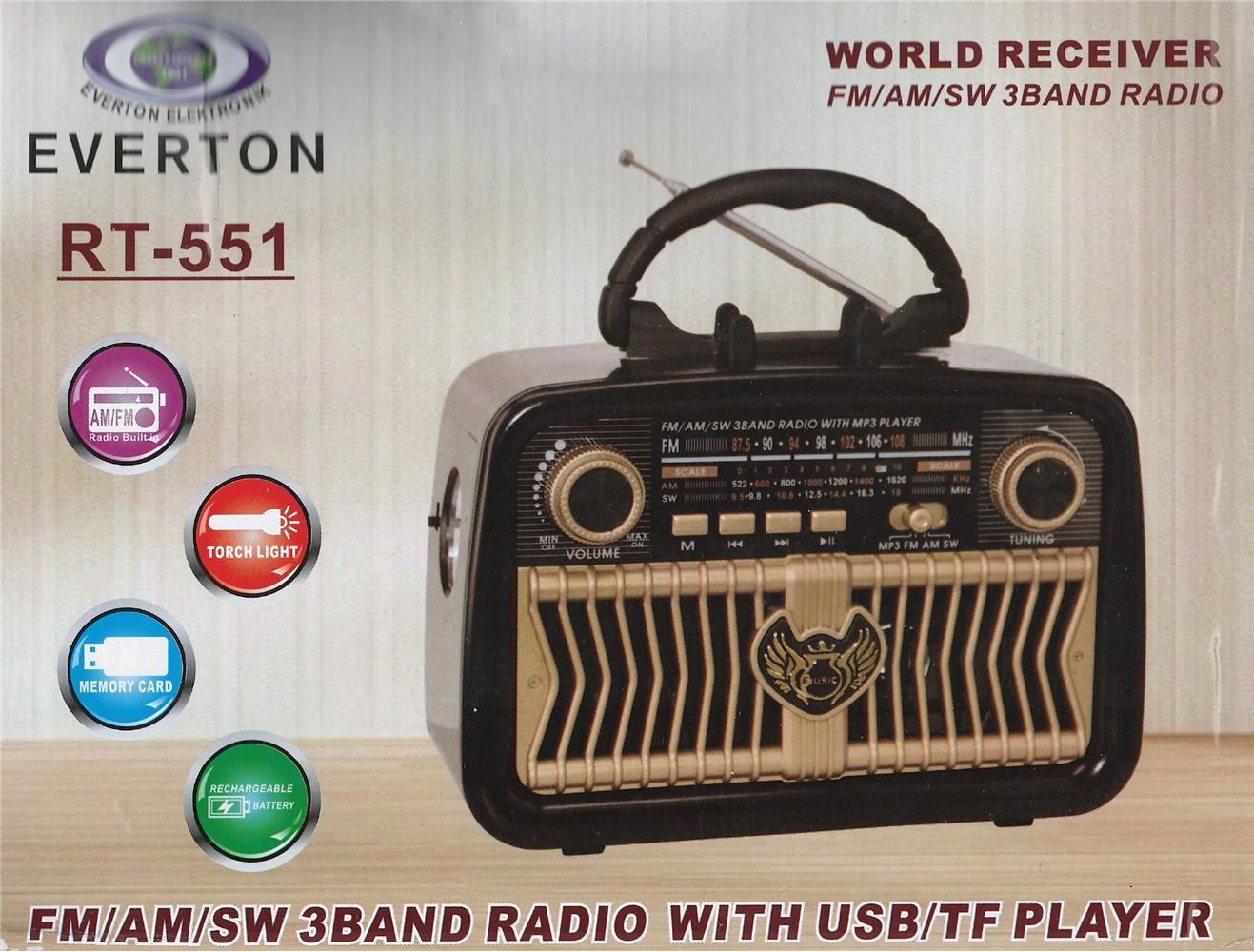 Everton RT-551 Bluetooth FM-USB-TF-AUX Şarjlı Nostaljik Radyo