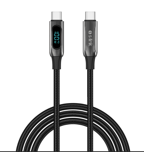 S-link Armor LED LCC-0100 100W 1 Metre USB Type-C to Type-C PD Örgülü LED Başlıklı Hızlı Şarj ve Data Kablosu Siyah