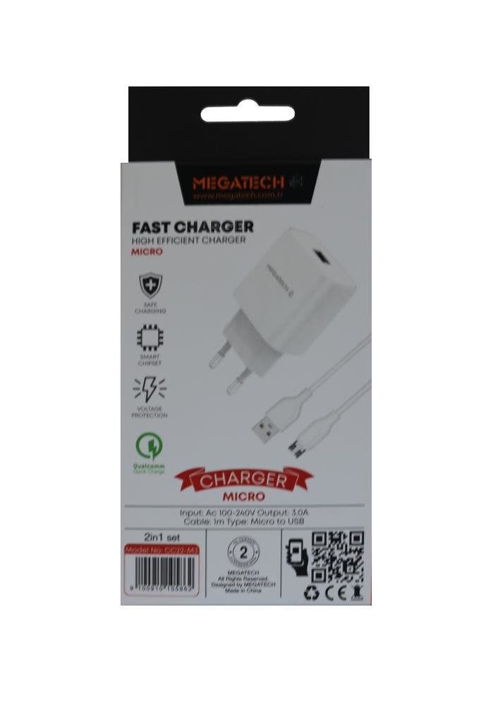 Megatech CC01 (CC22-M3) 15W 3.0A Hızlı Ev Şarj Adaptörü ve Micro USB Kablo Seti (2in1)