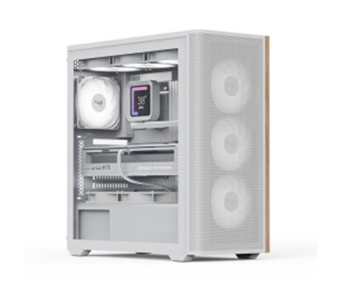 Aerocool AE D501A WH Wood‑Accented Mesh Front & Tempered Glass Side Panel 4×120 mm ARGB Fanlı USB Type‑C Destekli ATX Mid Tower Kasa Beyaz