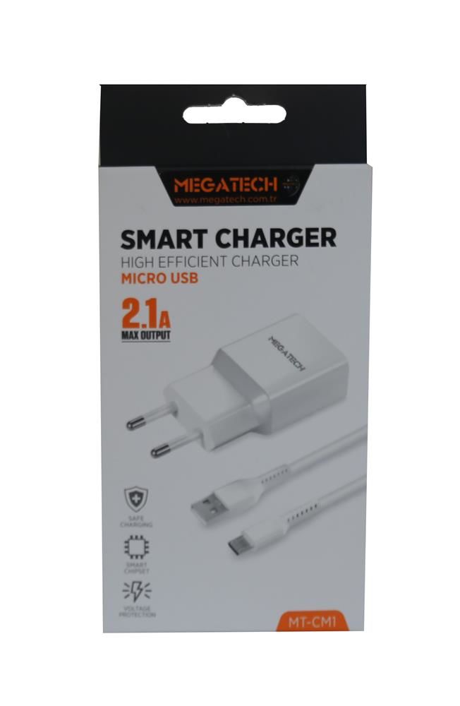 Megatech MT-CM1 2.1A Duvar Şarj Adaptörü + 1m Micro USB Şarj Kablosu Seti