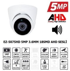 Ezcool EZ-5075HD 5MP Ultra HD 3.6mm Sabit Lens SMD Gece Görüşlü Sesli AHD Dome Kamera