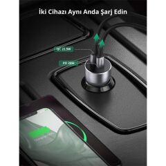 UGREEN 52.5W QC/PD Hızlı Araç İçi Şarj Cihazı (Model 60980) – 1×USB‑C PD 30W + 1×USB‑A QC 18W, Uzay Grisi Çakmaklık Adaptörü