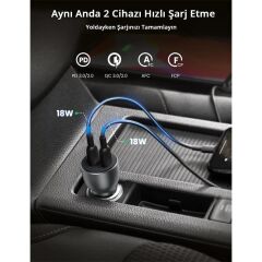 UGREEN 40W PD Hızlı Araç İçi Şarj Cihazı Çakmaklık Adaptörü 2xUSB‑C, Uzay Grisi – 70594