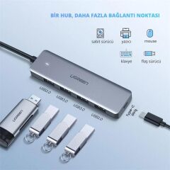 UGREEN 70336 Type‑C USB 3.0 4 Port USB Hub Çoklayıcı Gri – USB‑C Erkek, 4 x USB 3.0 5 Gbps, 15 cm Kablo, PD Destekli