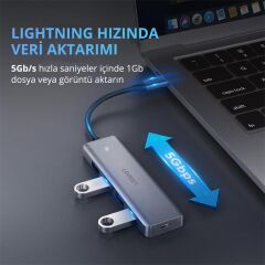 UGREEN 70336 Type‑C USB 3.0 4 Port USB Hub Çoklayıcı Gri – USB‑C Erkek, 4 x USB 3.0 5 Gbps, 15 cm Kablo, PD Destekli