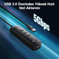 UGREEN USB 3.0 4‑PORT HUB 10915 0.25 m Siyah – USB‑A 4× USB 3.0 (5 Gbps) + Micro‑USB Güç Girişi, Plug‑&‑Play