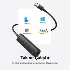 UGREEN USB 3.0 4‑PORT HUB 10915 0.25 m Siyah – USB‑A 4× USB 3.0 (5 Gbps) + Micro‑USB Güç Girişi, Plug‑&‑Play