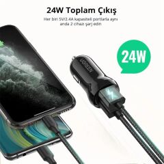 UGREEN 50875 24W Çift USB‑A Araç Çakmaklık Şarj Cihazı (12‑24V, 2×2.4 A – Toplam 4.8 A), Siyah Mini Tasarım, Fireproof ABS/PC