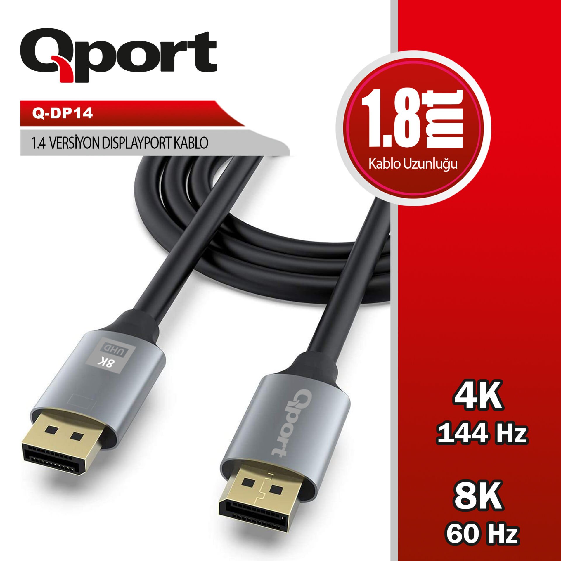 Q-Port Q-DP14 DisplayPort 1.4v 8K Ultra HD 1.8 Metre Kablo