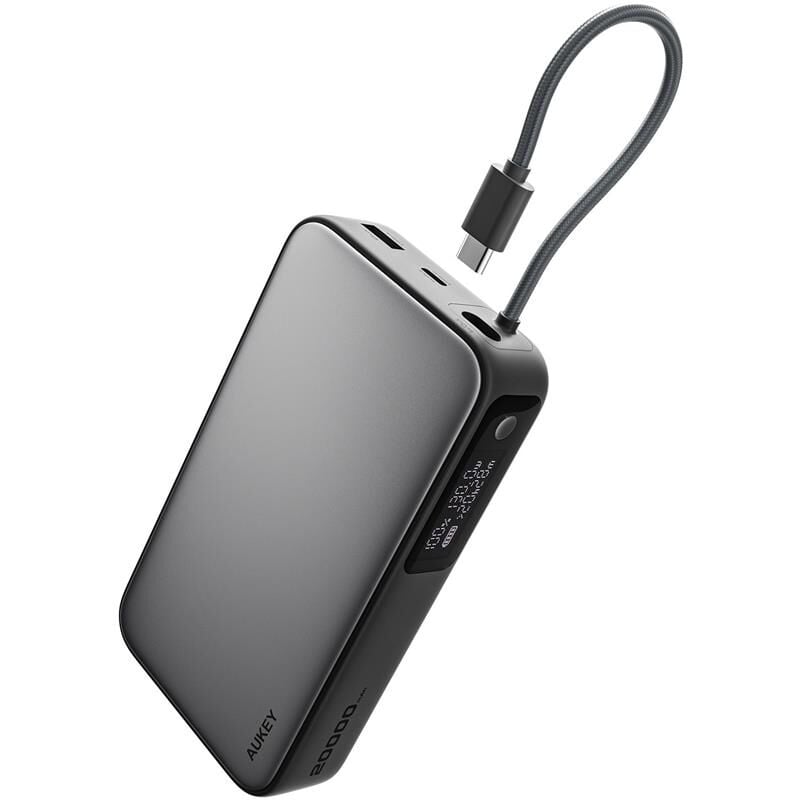 AUKEY PB‑Y48 Spark Sling 20000 mAh / 74 Wh Li‑Polymer 100 W USB‑C PD 3.0 + 22.5 W USB‑A Powerbank, Dahili Örgülü USB‑C Kablo, Gri