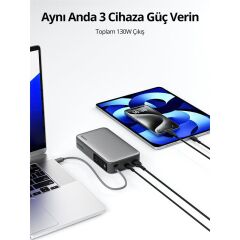 AUKEY PB‑Y48 Spark Sling 20000 mAh / 74 Wh Li‑Polymer 100 W USB‑C PD 3.0 + 22.5 W USB‑A Powerbank, Dahili Örgülü USB‑C Kablo, Gri