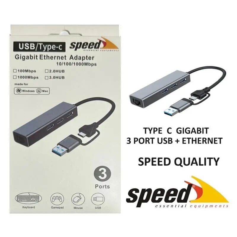Speed SP-UET01 USB-A ve Type-C Girişli 3 Port USB 3.0 Hub + 10/100/1000 Mbps Gigabit Ethernet Dönüştürücü