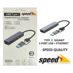 Speed SP-UET01 USB-A ve Type-C Girişli 3 Port USB 3.0 Hub + 10/100/1000 Mbps Gigabit Ethernet Dönüştürücü