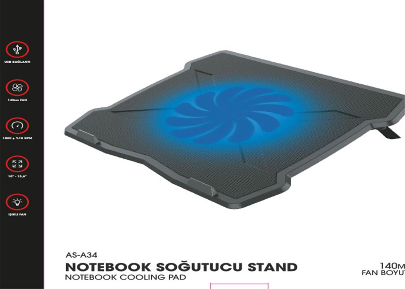 Asonic AS-A34 140mm Sessiz Fanlı Notebook Soğutucu Stand Soğutma Platformu