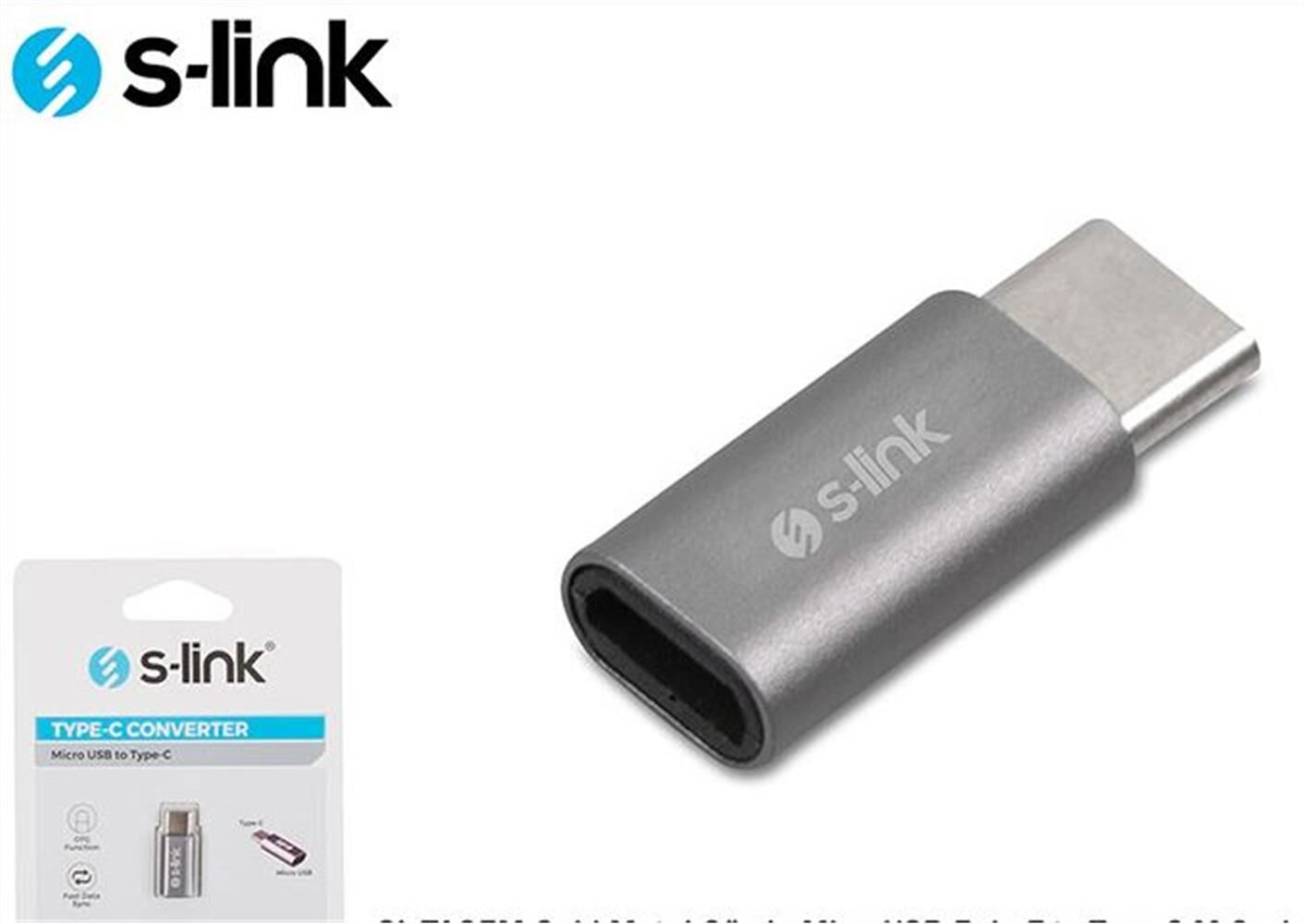 S-link SL-TA25M Metal Gövde Micro USB Dişi to Type-C Erkek Çevirici Adaptör - Gümüş