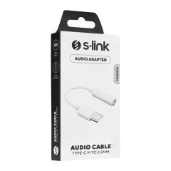S-link SL-TA50 Type-C Erkek (M) to 3.5mm AUX Dişi (F) 20cm Ses Çevirici Adaptör Beyaz
