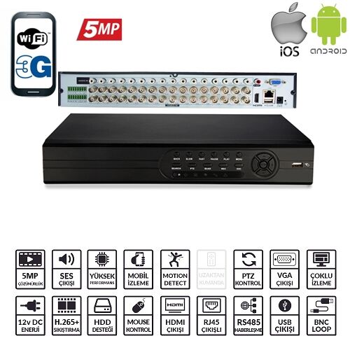Ezcool EZ-8732AHD 32 Kanal 5MP Destekli 2 HDD Yuvalı Xmeye Hibrit DVR Kayıt Cihazı