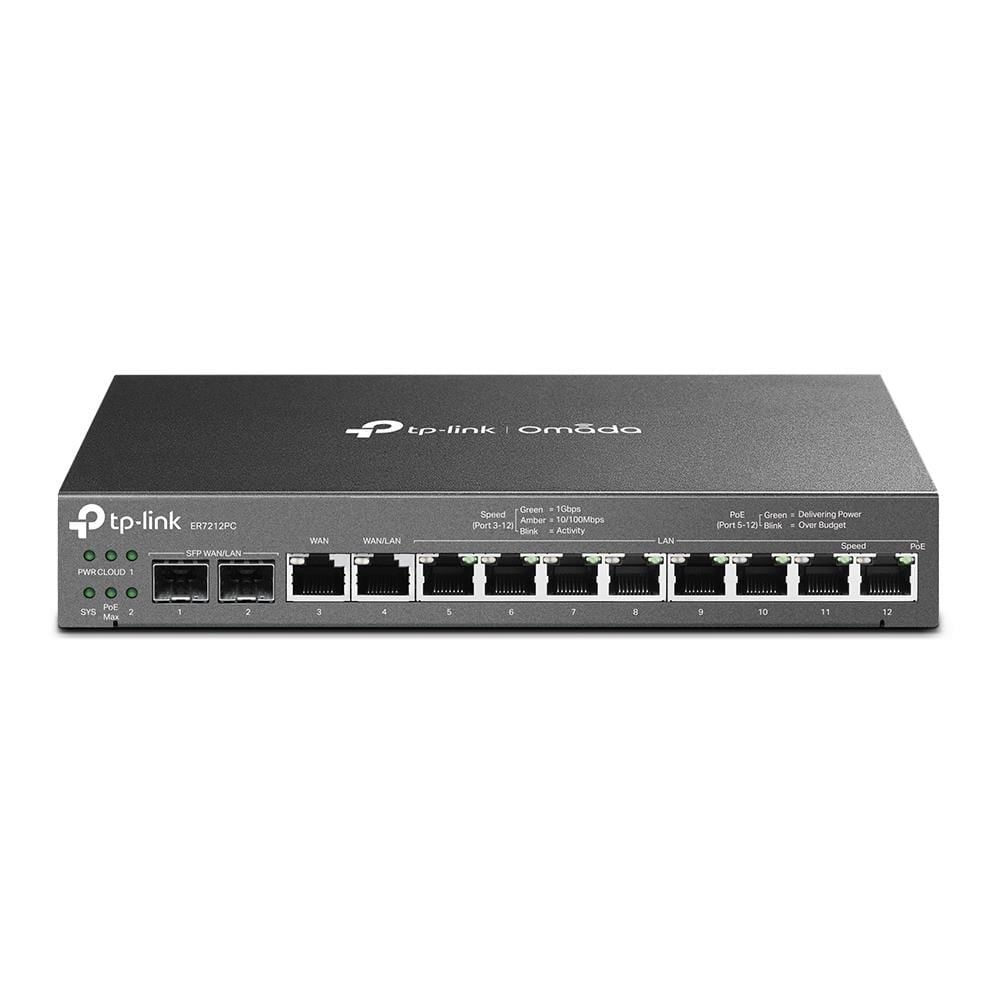 Omada TP‑Link ER7212PC 3‑in‑1 Gigabit VPN Router + 8× PoE+ 110 W + 4× WAN (2× SFP, 1× RJ45 WAN, 1× RJ45 WAN/LAN) + 1 GB DDR3 + 4 GB Flash + Fanless + Omada SDN Controller