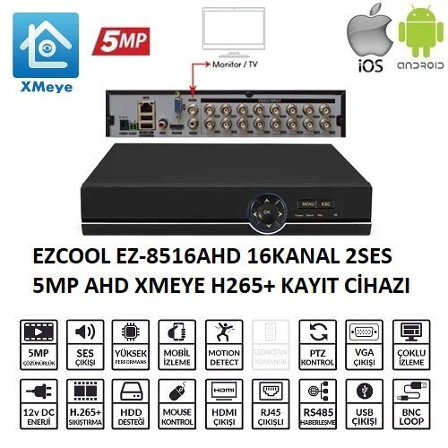 Ezcool EZ-8516AHD 16 Kanal 5MP Destekli H.265+ 1 HDD Xmeye Hibrit AHD Kayıt Cihazı (DVR)
