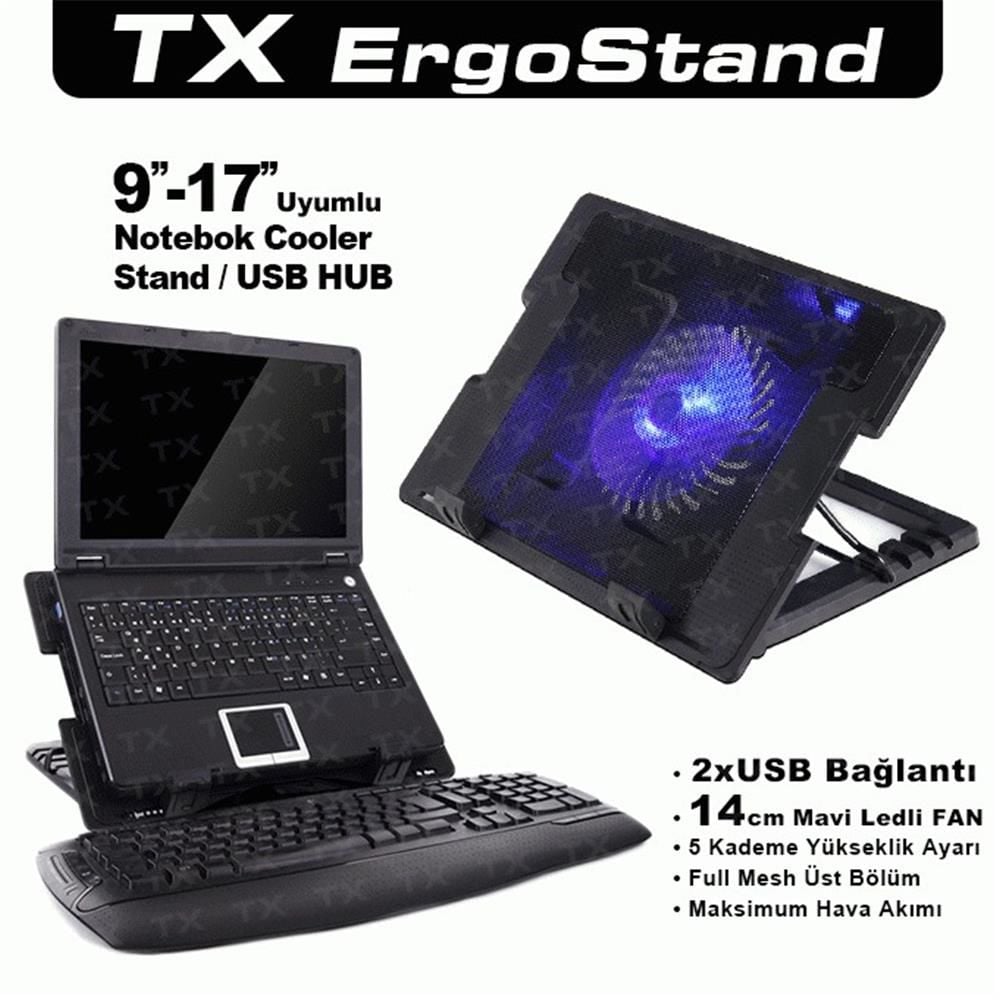 TX ACNBERGST ErgoStand 14 cm LED Fan'lı 5 Kademe Ayarlı 2x USB Portlu 9''-17'' Notebook Soğutucu ve Stand