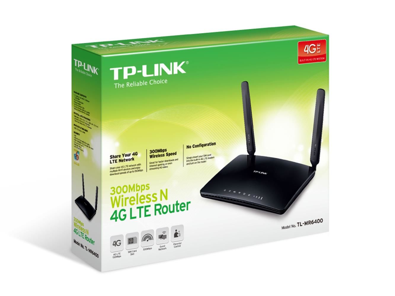 Tp‑Link TL‑MR6400 300 Mbps 4G LTE Cat4 Kablosuz N Router 3× LAN + 1× LAN/WAN 4 Port, Nano SIM Slot, Wi‑Fi 802.11b/g/n 2.4 GHz, 2 Detachable LTE Anten, WPS, Tether App Destekli