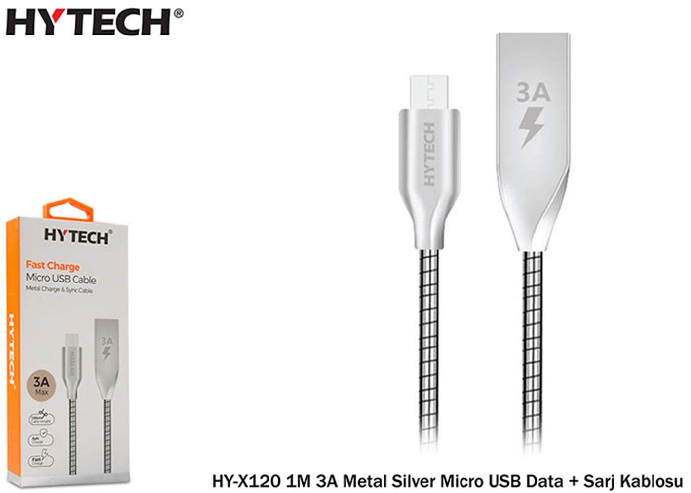 Hytech HY-X120 3A Hızlı Şarj Destekli Metal Başlıklı Micro USB Veri Kablosu 1m - Gümüş
