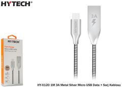 Hytech HY-X120 3A Hızlı Şarj Destekli Metal Başlıklı Micro USB Veri Kablosu 1m - Gümüş