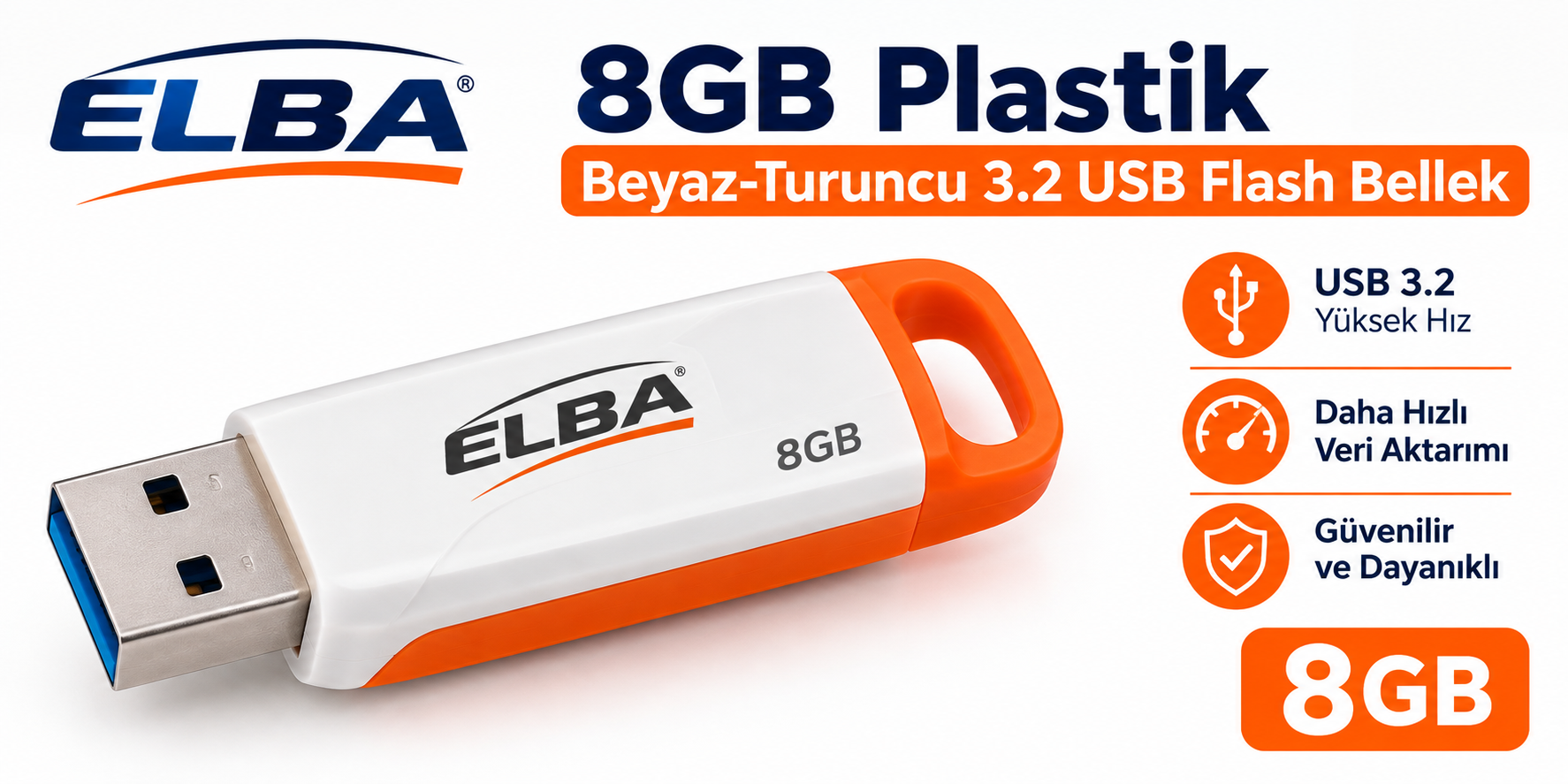 Elba 8GB Plastik Beyaz-Turuncu 3.2 USB Flash Bellek