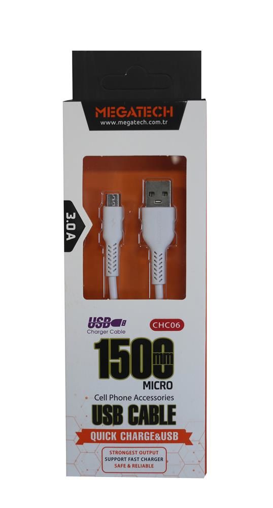 Megatech CHC06 2.1A Micro USB 1.5m Beyaz Şarj ve Data Kablosu