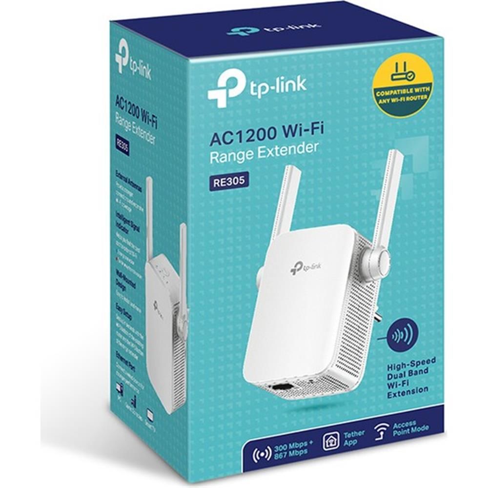 TP‑Link RE305 AC1200 Dual‑Band 867 Mbps (5 GHz) + 300 Mbps (2.4 GHz) Wifi Menzil Genişletici, 1×10/100 Mbps Ethernet, WPS, LED Sinyal Göstergeli