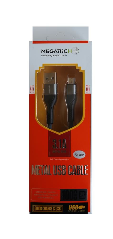 Megatech 3.1A Örgülü Seri Micro USB 1m Siyah-Gri Data ve Şarj Kablosu