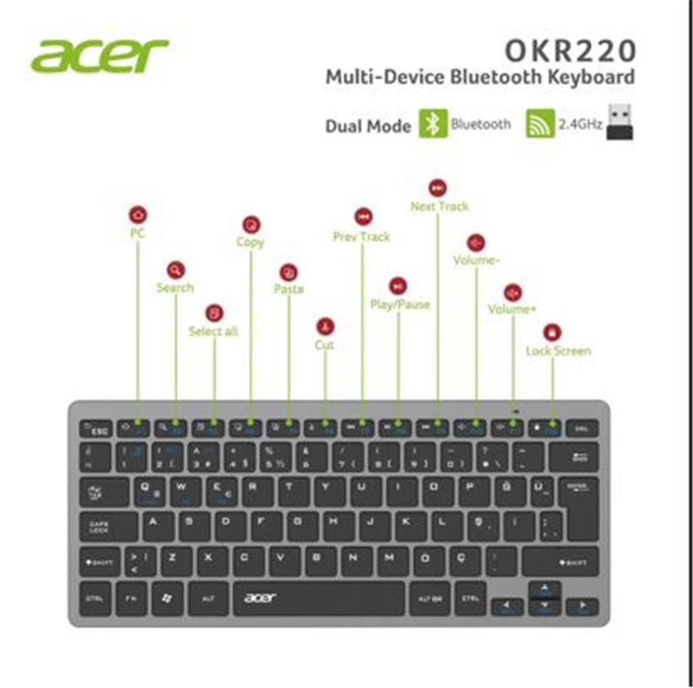 Acer OKR220 Siyah MultiDevice Dual Mode 2.4GHz Bluetooth Klavye
