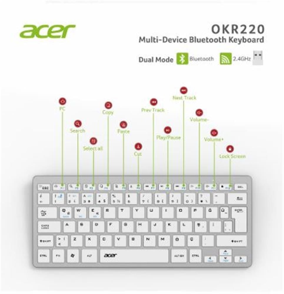 Acer OKR220 Beyaz MultiDevice Dual Mode 2.4GHz Bluetooth Klavye