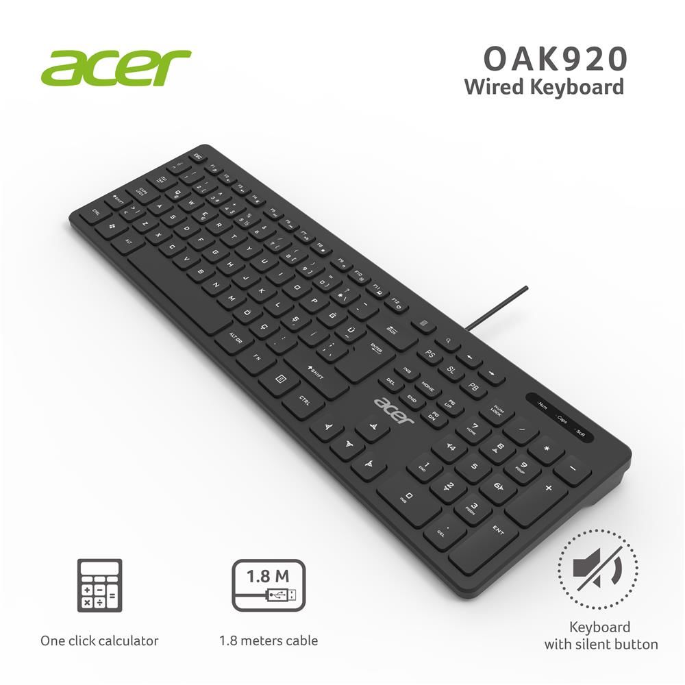 Acer OAK-920 Q USB Siyah 1.8m Kablolu Klavye (Sessiz Tuş, Hesap Makinalı)